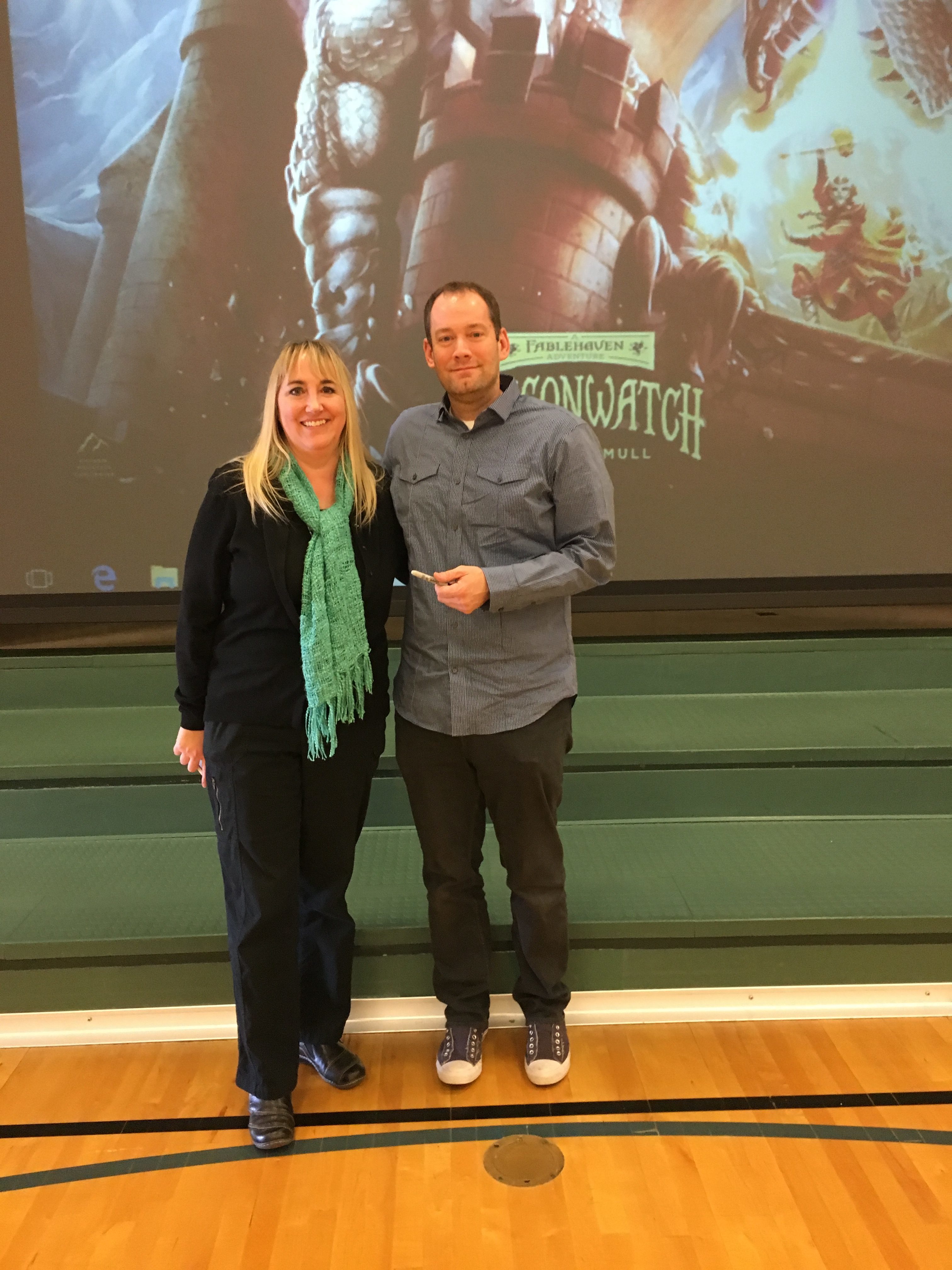 Principal Shauna Jensen with Author Brandon Mull Granite Media