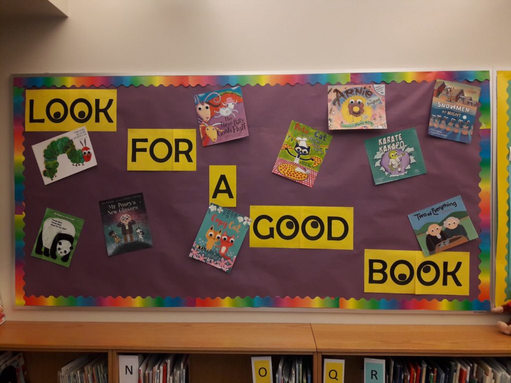"Look for a Good Book" Library Bulletin Board at Monroe Elementary, by media clerks Nanette Warr and Susan Brough