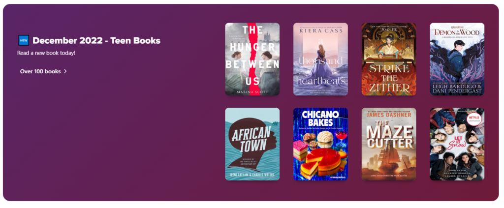 Screenshot of 'New December 2022 - Teen Books' collection ribbon in Sora, feature covers of several Young Adult books recently added to Granite's collection.