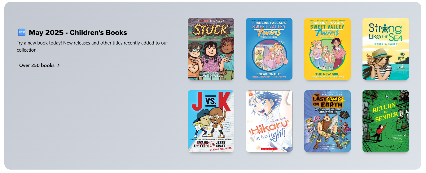 Screenshot - Ribbon of 'New May 2025 - Children's Books' Collection with example book cover images in Granite's Sora
