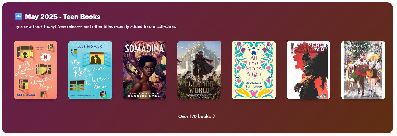 Screenshot - Ribbon of 'New May 2025 - Teen Books' Collection with example book cover images in Granite's Sora